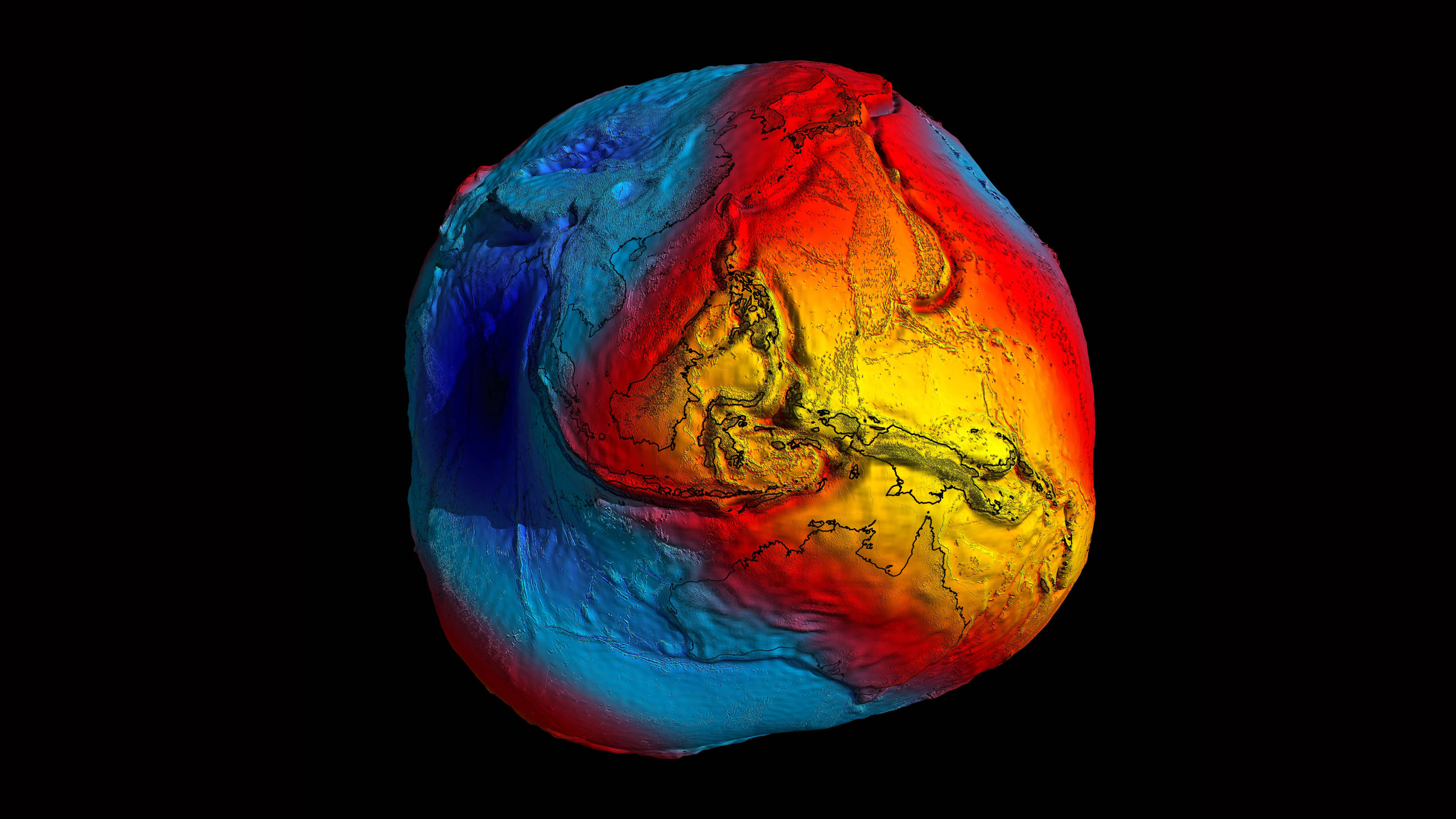 Model in false color of the Earth's shape. The colors in the image represent deviations in height (–100 m to +100 m) from an ideal geoid.
