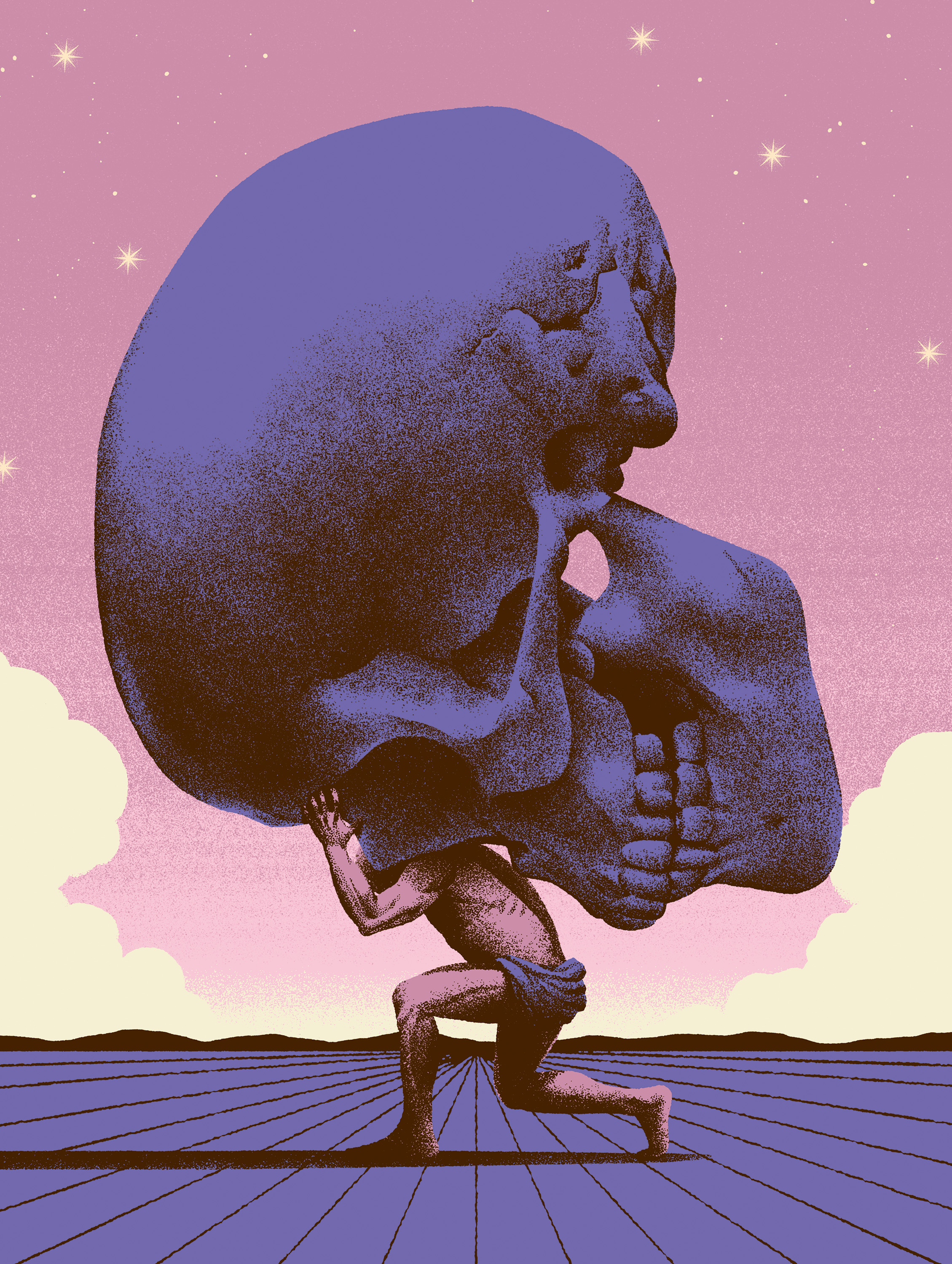 man crouched under the weight of an enormous human skull