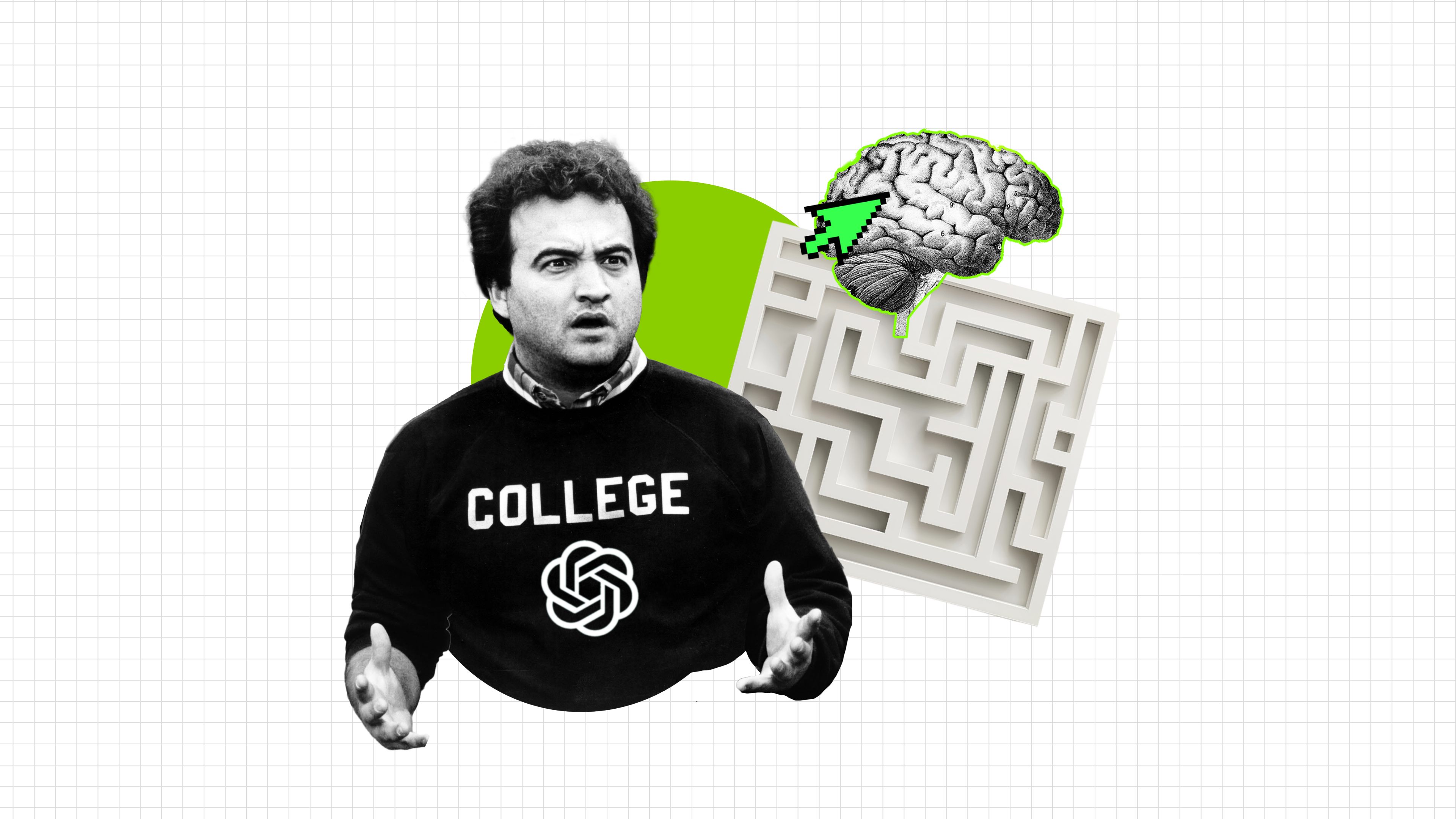 Belushi from Animal House wearing the "college" sweatshirt with the OpenAI logo added to it, stares dumbfounded at a maze and a brain with a cursor
